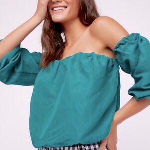 Free People Boho In the Limelight Smocked Long Sleeve off shoulder Top Green